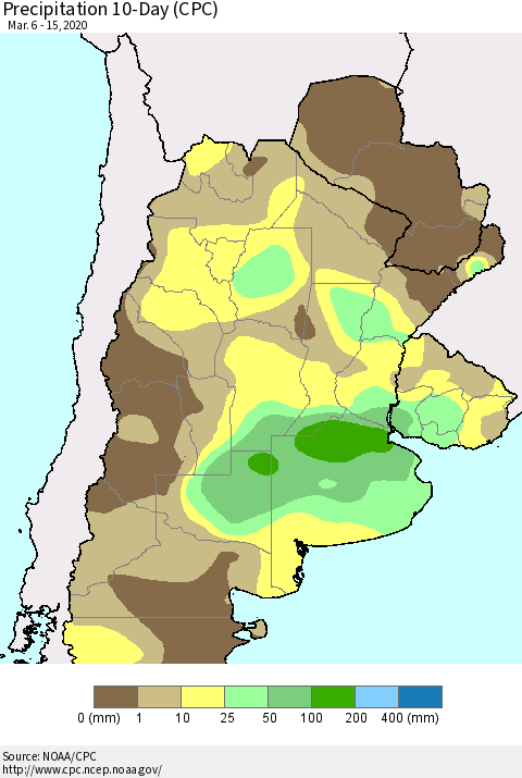 Southern South America Precipitation 10-Day (CPC) Thematic Map For 3/6/2020 - 3/15/2020
