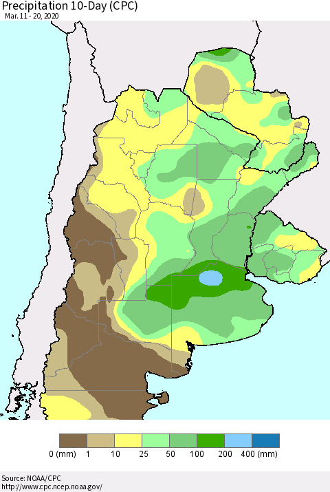 Southern South America Precipitation 10-Day (CPC) Thematic Map For 3/11/2020 - 3/20/2020