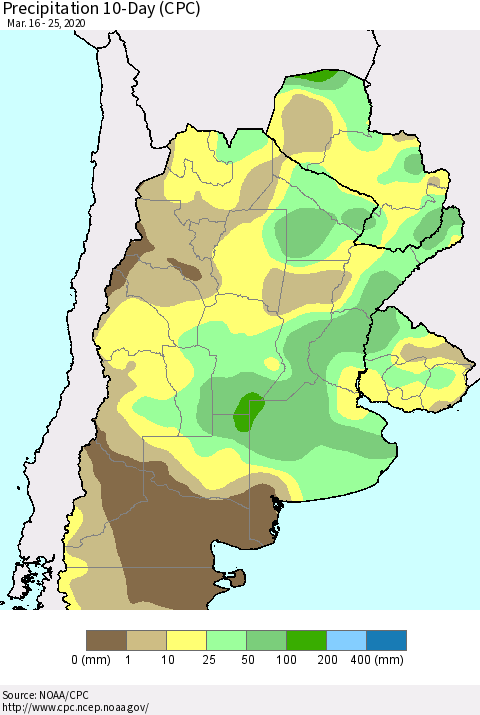 Southern South America Precipitation 10-Day (CPC) Thematic Map For 3/16/2020 - 3/25/2020