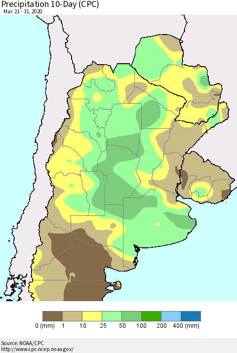 Southern South America Precipitation 10-Day (CPC) Thematic Map For 3/21/2020 - 3/31/2020