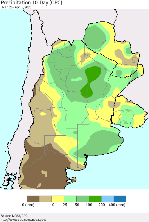 Southern South America Precipitation 10-Day (CPC) Thematic Map For 3/26/2020 - 4/5/2020