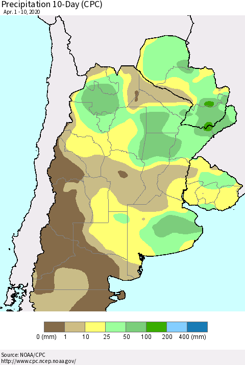 Southern South America Precipitation 10-Day (CPC) Thematic Map For 4/1/2020 - 4/10/2020