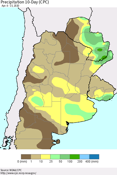 Southern South America Precipitation 10-Day (CPC) Thematic Map For 4/6/2020 - 4/15/2020