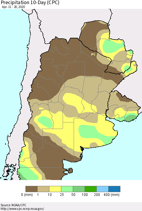 Southern South America Precipitation 10-Day (CPC) Thematic Map For 4/11/2020 - 4/20/2020