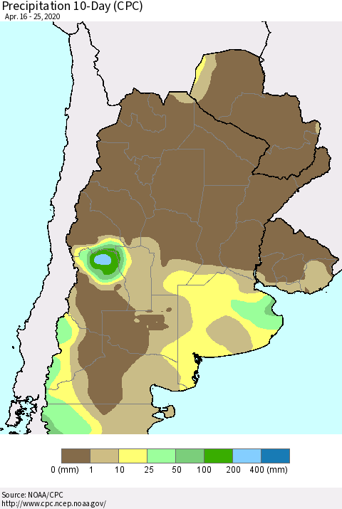 Southern South America Precipitation 10-Day (CPC) Thematic Map For 4/16/2020 - 4/25/2020