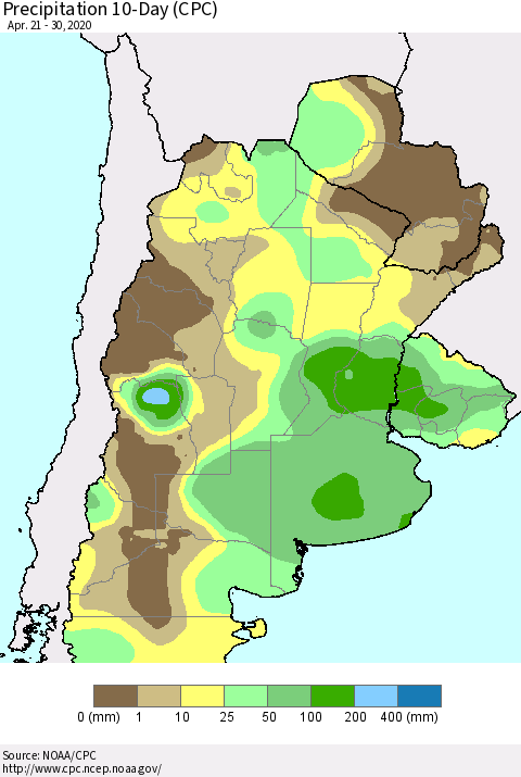 Southern South America Precipitation 10-Day (CPC) Thematic Map For 4/21/2020 - 4/30/2020