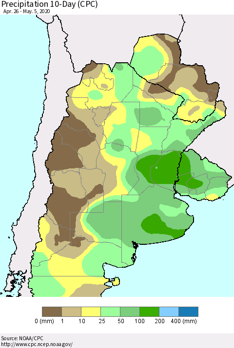 Southern South America Precipitation 10-Day (CPC) Thematic Map For 4/26/2020 - 5/5/2020