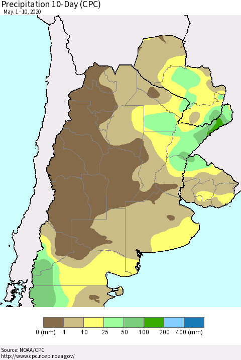 Southern South America Precipitation 10-Day (CPC) Thematic Map For 5/1/2020 - 5/10/2020