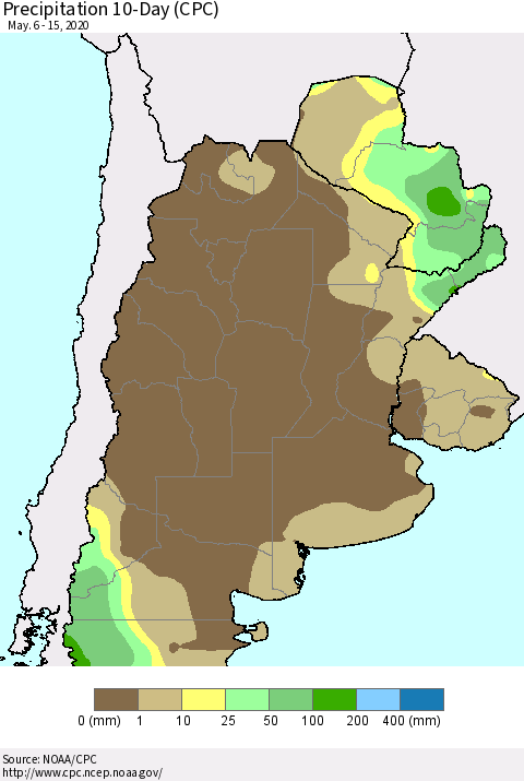 Southern South America Precipitation 10-Day (CPC) Thematic Map For 5/6/2020 - 5/15/2020