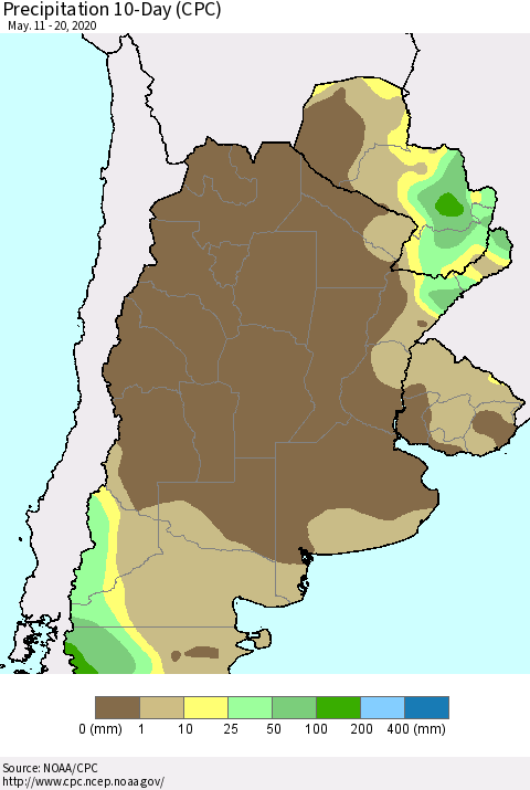 Southern South America Precipitation 10-Day (CPC) Thematic Map For 5/11/2020 - 5/20/2020