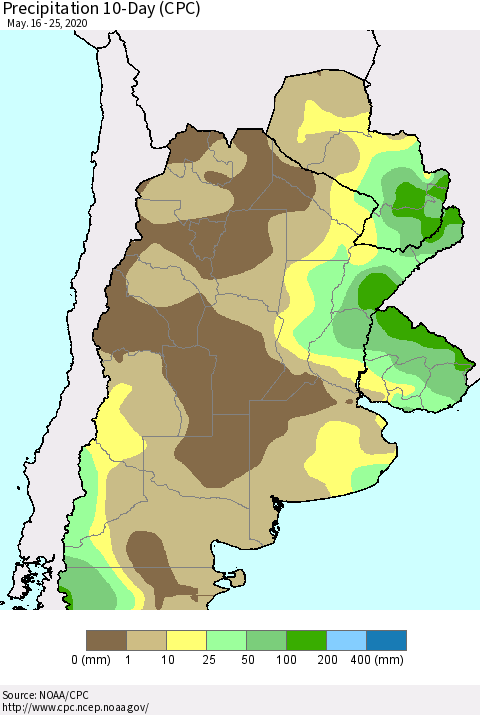 Southern South America Precipitation 10-Day (CPC) Thematic Map For 5/16/2020 - 5/25/2020