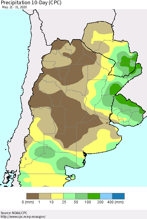 Southern South America Precipitation 10-Day (CPC) Thematic Map For 5/21/2020 - 5/31/2020