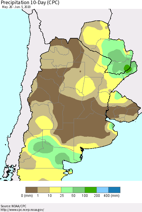 Southern South America Precipitation 10-Day (CPC) Thematic Map For 5/26/2020 - 6/5/2020