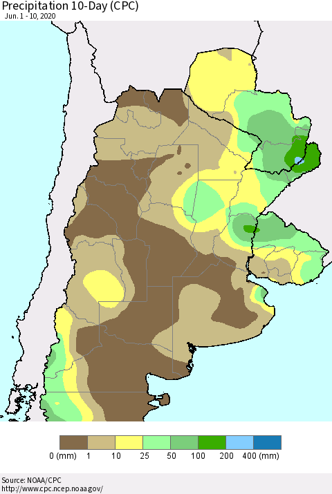 Southern South America Precipitation 10-Day (CPC) Thematic Map For 6/1/2020 - 6/10/2020
