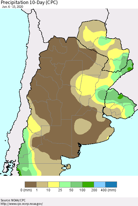 Southern South America Precipitation 10-Day (CPC) Thematic Map For 6/6/2020 - 6/15/2020