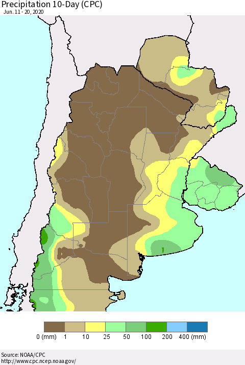 Southern South America Precipitation 10-Day (CPC) Thematic Map For 6/11/2020 - 6/20/2020