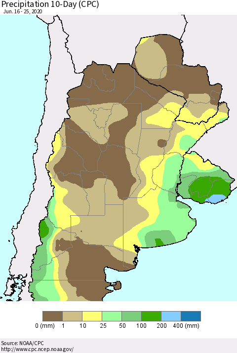 Southern South America Precipitation 10-Day (CPC) Thematic Map For 6/16/2020 - 6/25/2020