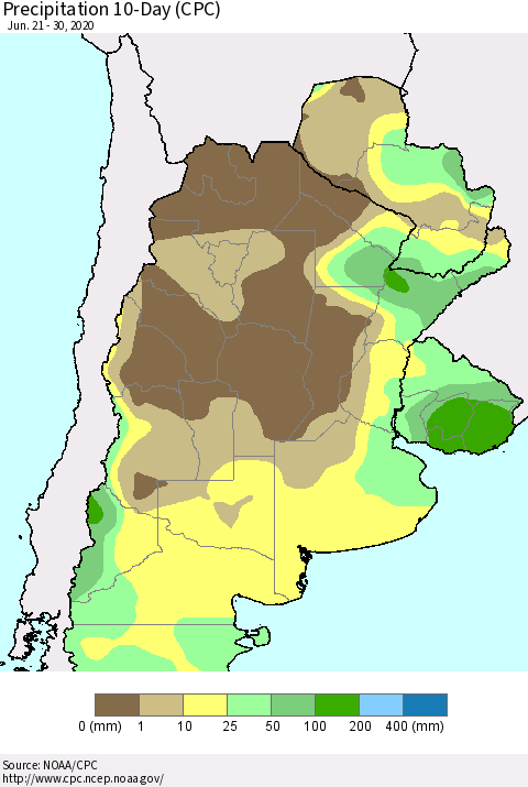 Southern South America Precipitation 10-Day (CPC) Thematic Map For 6/21/2020 - 6/30/2020