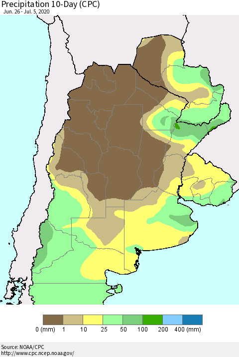 Southern South America Precipitation 10-Day (CPC) Thematic Map For 6/26/2020 - 7/5/2020