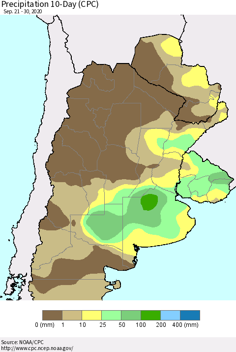 Southern South America Precipitation 10-Day (CPC) Thematic Map For 9/21/2020 - 9/30/2020
