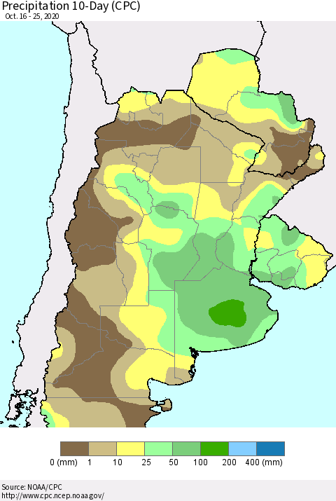 Southern South America Precipitation 10-Day (CPC) Thematic Map For 10/16/2020 - 10/25/2020