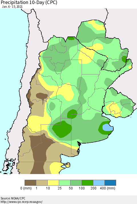 Southern South America Precipitation 10-Day (CPC) Thematic Map For 1/6/2021 - 1/15/2021