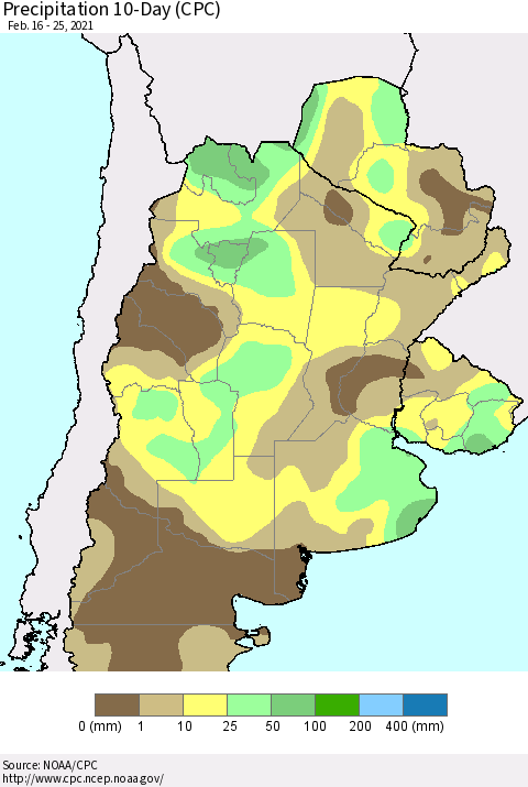Southern South America Precipitation 10-Day (CPC) Thematic Map For 2/16/2021 - 2/25/2021