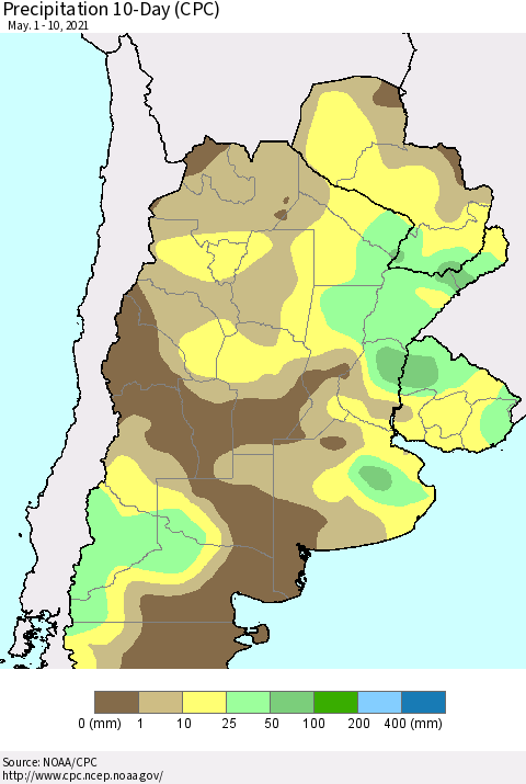 Southern South America Precipitation 10-Day (CPC) Thematic Map For 5/1/2021 - 5/10/2021