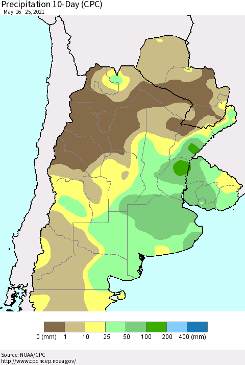 Southern South America Precipitation 10-Day (CPC) Thematic Map For 5/16/2021 - 5/25/2021