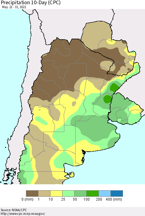 Southern South America Precipitation 10-Day (CPC) Thematic Map For 5/21/2021 - 5/31/2021