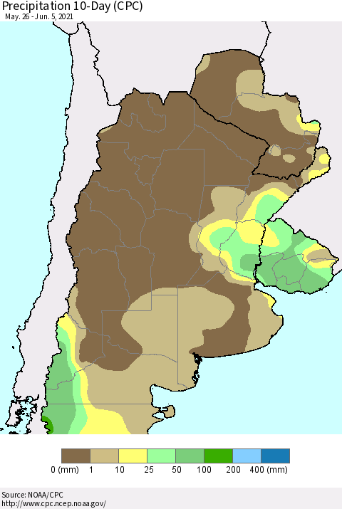 Southern South America Precipitation 10-Day (CPC) Thematic Map For 5/26/2021 - 6/5/2021