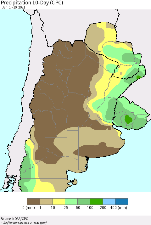 Southern South America Precipitation 10-Day (CPC) Thematic Map For 6/1/2021 - 6/10/2021