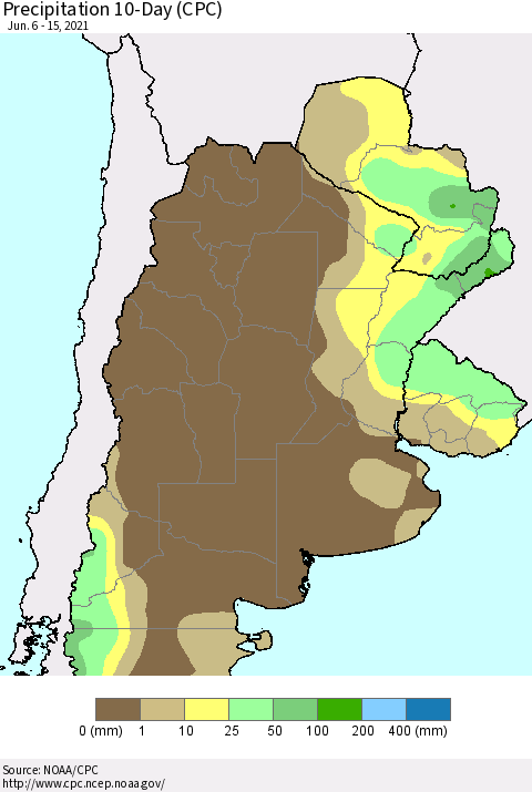 Southern South America Precipitation 10-Day (CPC) Thematic Map For 6/6/2021 - 6/15/2021