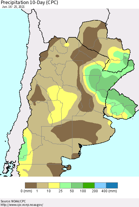 Southern South America Precipitation 10-Day (CPC) Thematic Map For 6/16/2021 - 6/25/2021