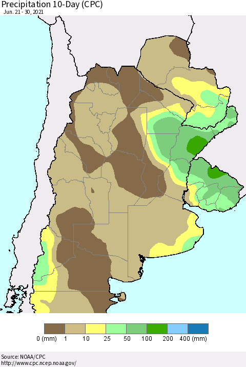 Southern South America Precipitation 10-Day (CPC) Thematic Map For 6/21/2021 - 6/30/2021