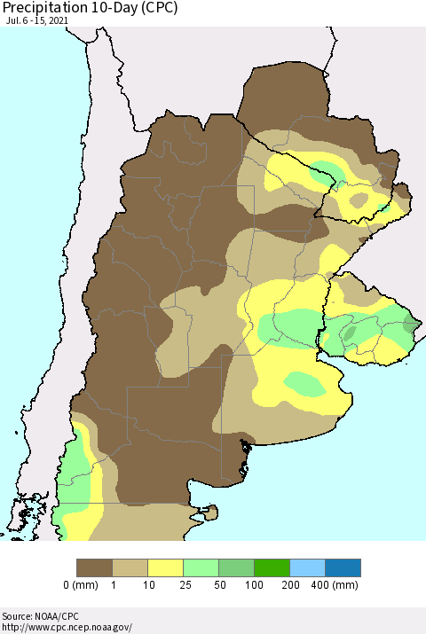 Southern South America Precipitation 10-Day (CPC) Thematic Map For 7/6/2021 - 7/15/2021