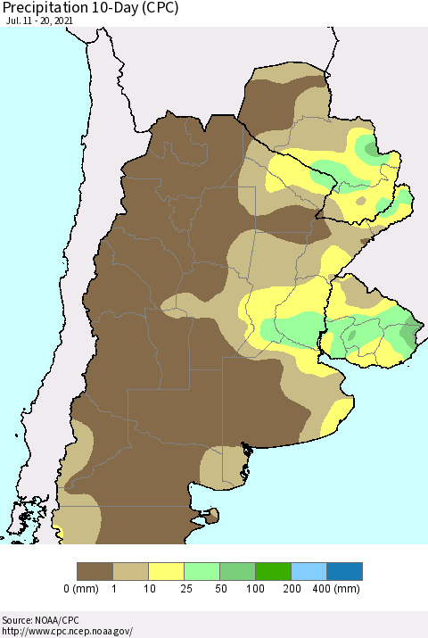 Southern South America Precipitation 10-Day (CPC) Thematic Map For 7/11/2021 - 7/20/2021