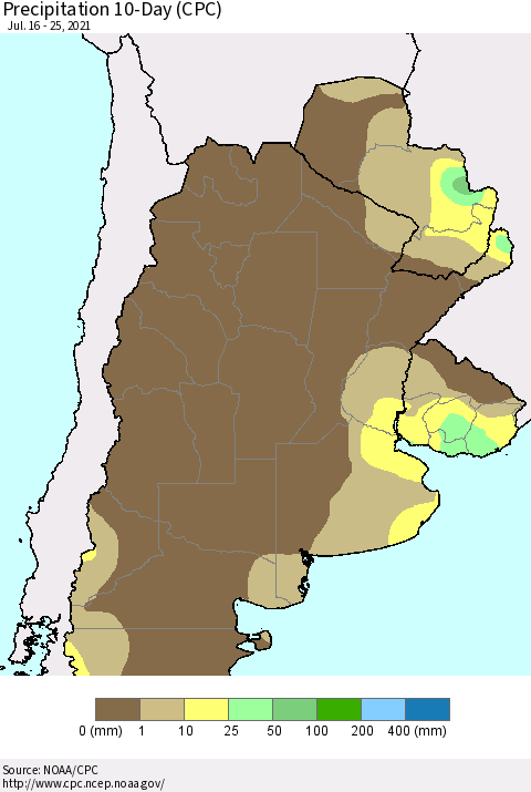 Southern South America Precipitation 10-Day (CPC) Thematic Map For 7/16/2021 - 7/25/2021