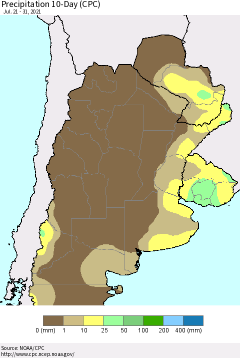 Southern South America Precipitation 10-Day (CPC) Thematic Map For 7/21/2021 - 7/31/2021