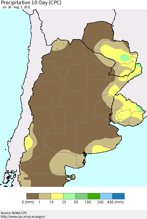 Southern South America Precipitation 10-Day (CPC) Thematic Map For 7/26/2021 - 8/5/2021