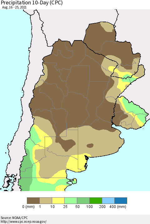 Southern South America Precipitation 10-Day (CPC) Thematic Map For 8/16/2021 - 8/25/2021