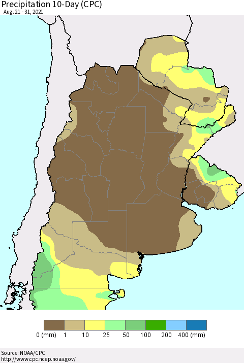 Southern South America Precipitation 10-Day (CPC) Thematic Map For 8/21/2021 - 8/31/2021