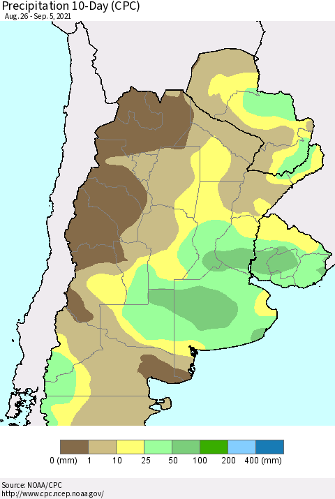 Southern South America Precipitation 10-Day (CPC) Thematic Map For 8/26/2021 - 9/5/2021