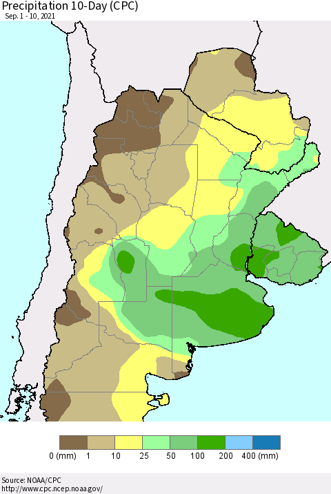 Southern South America Precipitation 10-Day (CPC) Thematic Map For 9/1/2021 - 9/10/2021