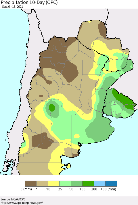Southern South America Precipitation 10-Day (CPC) Thematic Map For 9/6/2021 - 9/15/2021