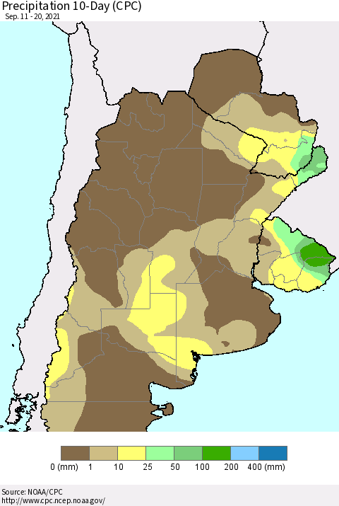 Southern South America Precipitation 10-Day (CPC) Thematic Map For 9/11/2021 - 9/20/2021