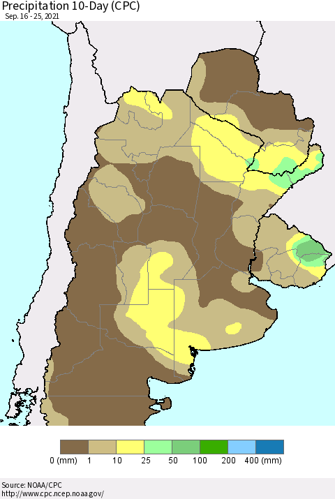 Southern South America Precipitation 10-Day (CPC) Thematic Map For 9/16/2021 - 9/25/2021