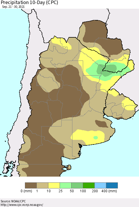 Southern South America Precipitation 10-Day (CPC) Thematic Map For 9/21/2021 - 9/30/2021