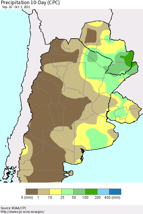 Southern South America Precipitation 10-Day (CPC) Thematic Map For 9/26/2021 - 10/5/2021