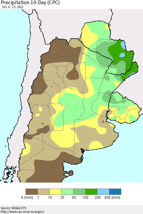 Southern South America Precipitation 10-Day (CPC) Thematic Map For 10/6/2021 - 10/15/2021